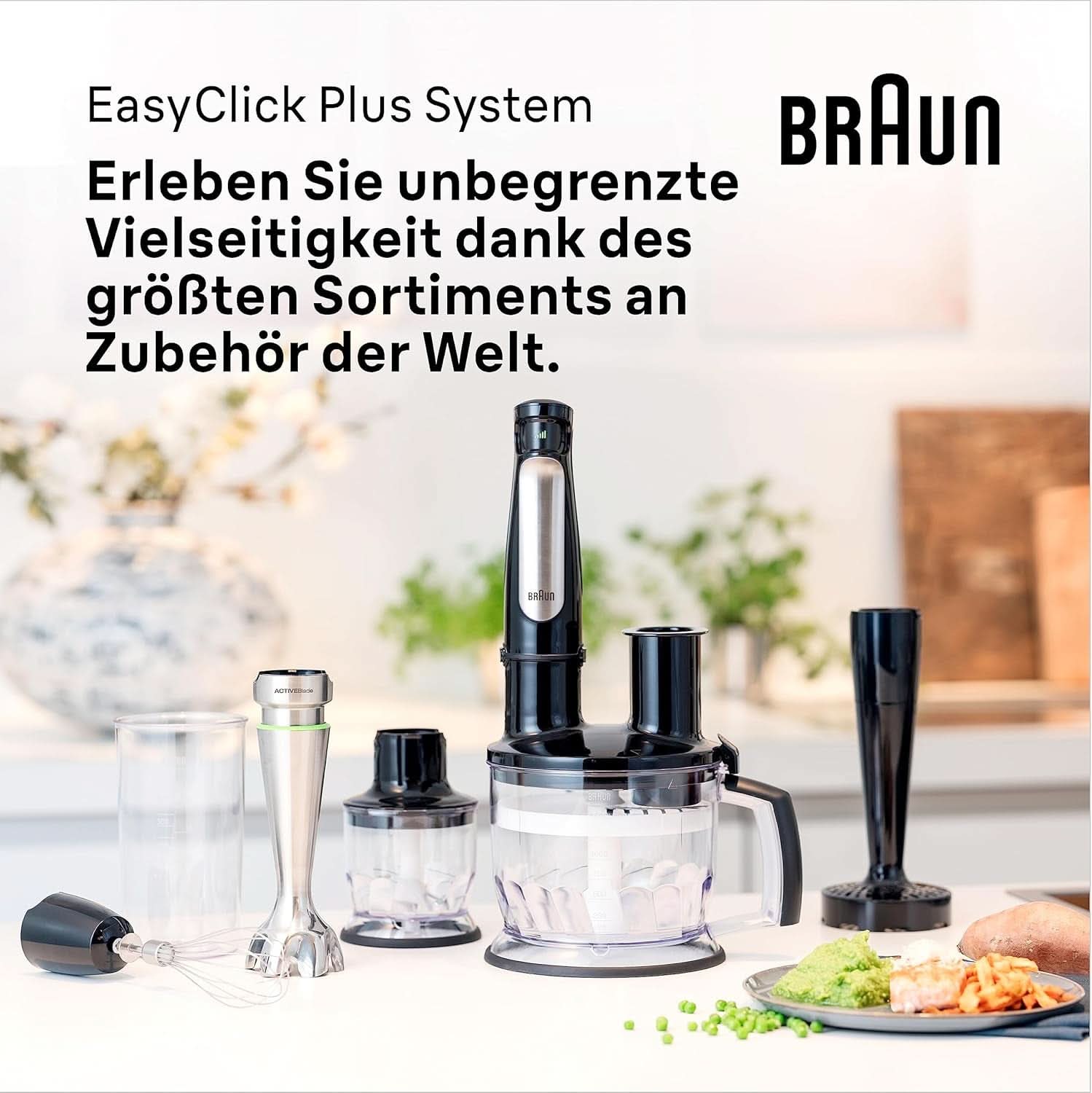 Braun Multiquick 7 MQ 7035X Stabmixer - Pürierstab Mit abnehmbarem Edelstahl Mixfuß Mit Activeblade Technologie Zum Pürieren Der Härtesten Ingredient, Inkl. 3-teiliges Zubehörset, 1000 Watt, Schwarz Kitchen Naty Shop