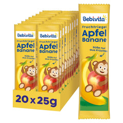 Apfel- und Bananenriegel (20 x 25 g), nur mit Früchten gesüßt, perfekter Snack für zwischendurch, zubereitet aus streng kontrollierten und ausgewählten Zutaten.