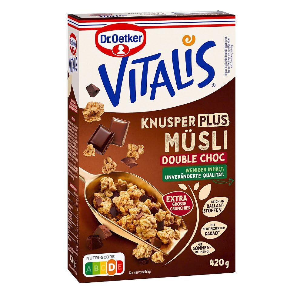 Dr. Oetker Vitalis KnusperPlus Double Chocolate: Knuspriges Müsli mit Vollmilch- und Zartbitterschokolade, 7er Pack (7 x 450g)