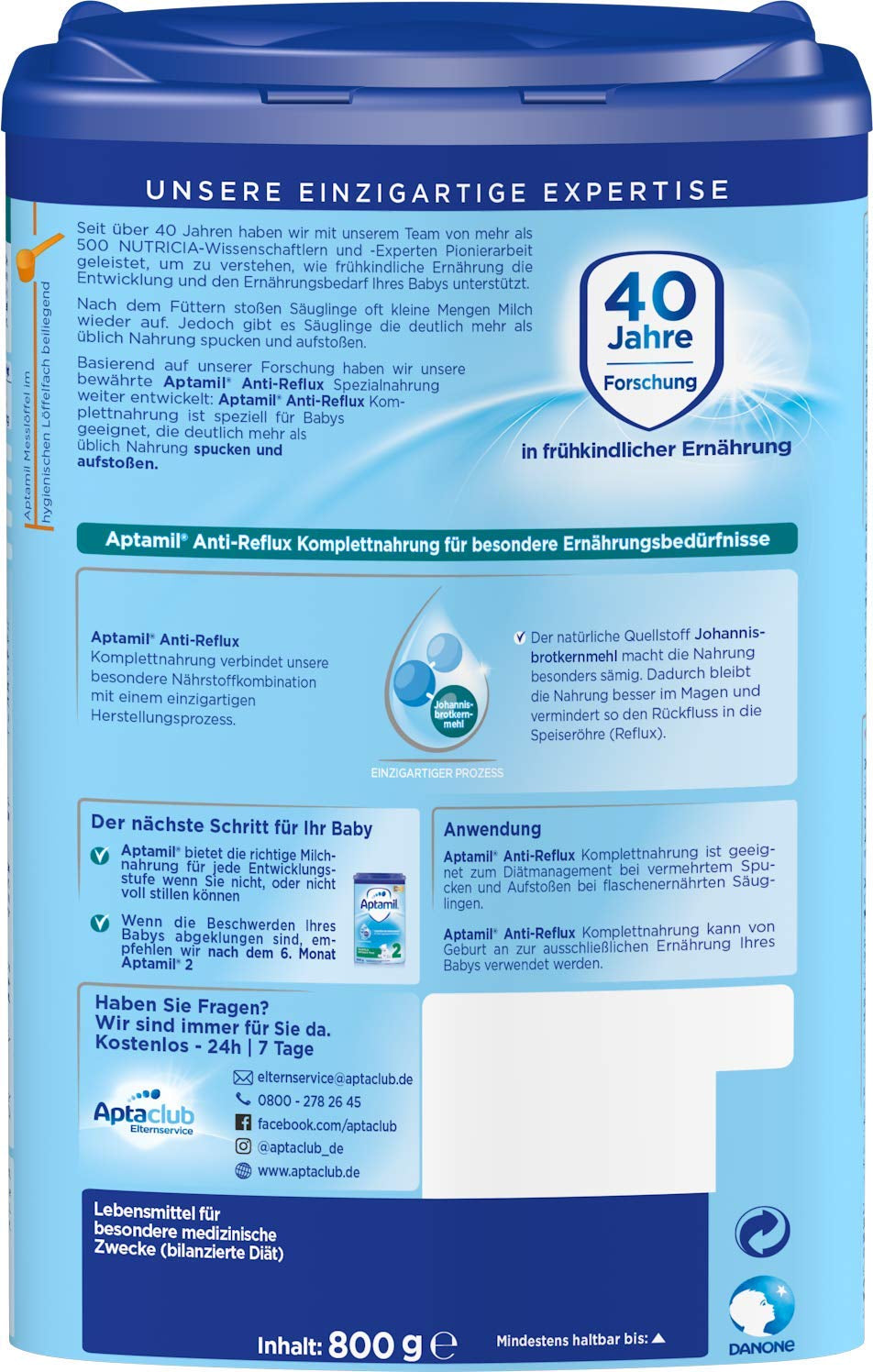 Aptamil Anti-Reflux – Komplette Formel von Geburt an, diätetische Behandlung, Erbrechen und Aufstoßen, Babynahrung, Milchpulver, 1 x 800 g