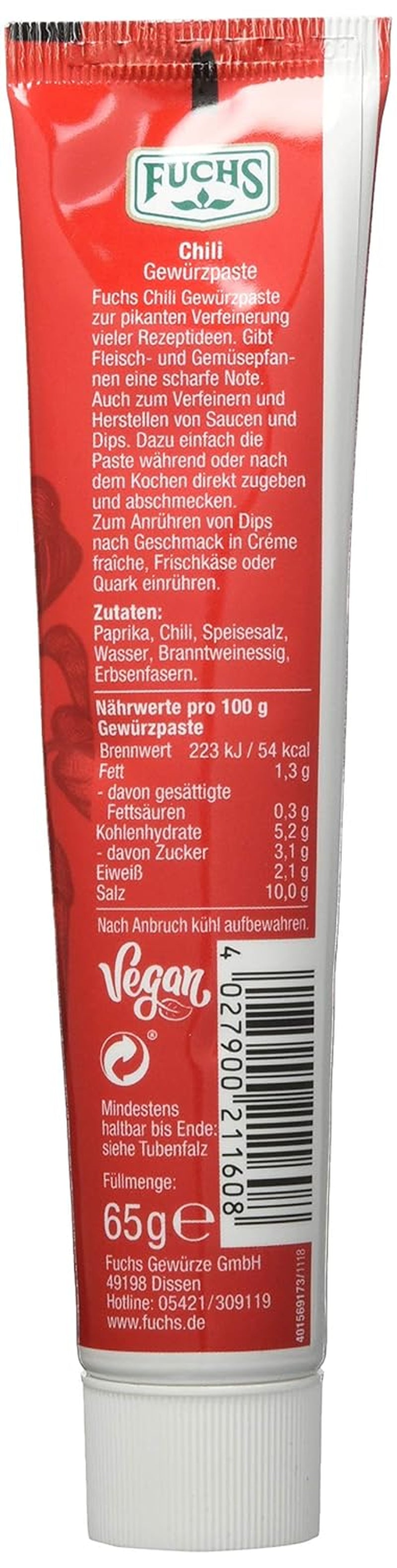 Fuchs Gewürze – Chili Gewürzpaste, vollmundig pikantes Aroma, Paste zum Würzen von scharfen Soßen, Fleisch-Gerichten oder Suppen aller Länder-Küchen, 65 g