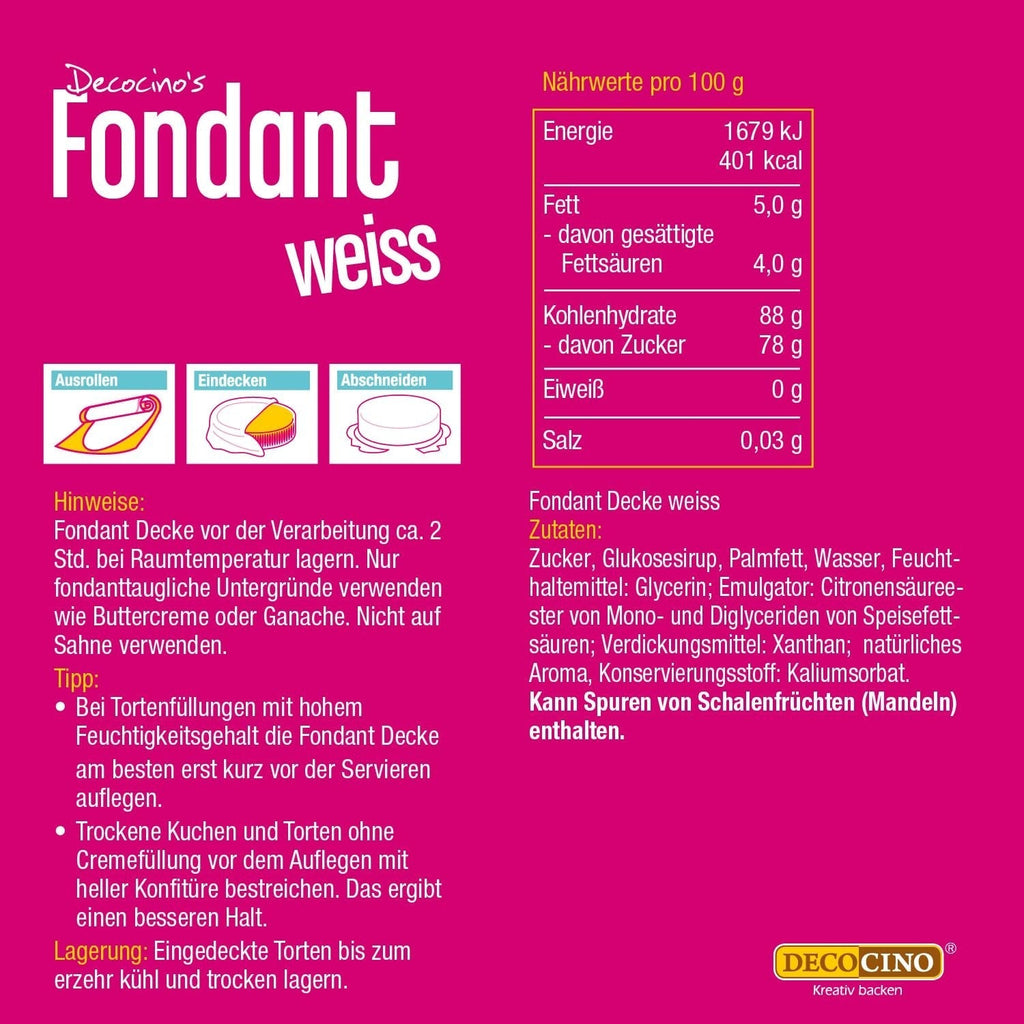 DECOCINO Rollfondant Decke Weiß – 300G – Gebrauchsfertige Fondant-Decke, Zum Eindecken & Verzieren Von Torten Und Kuchen – Glutenfrei & Vegan Glazuri si Decor Naty Shop