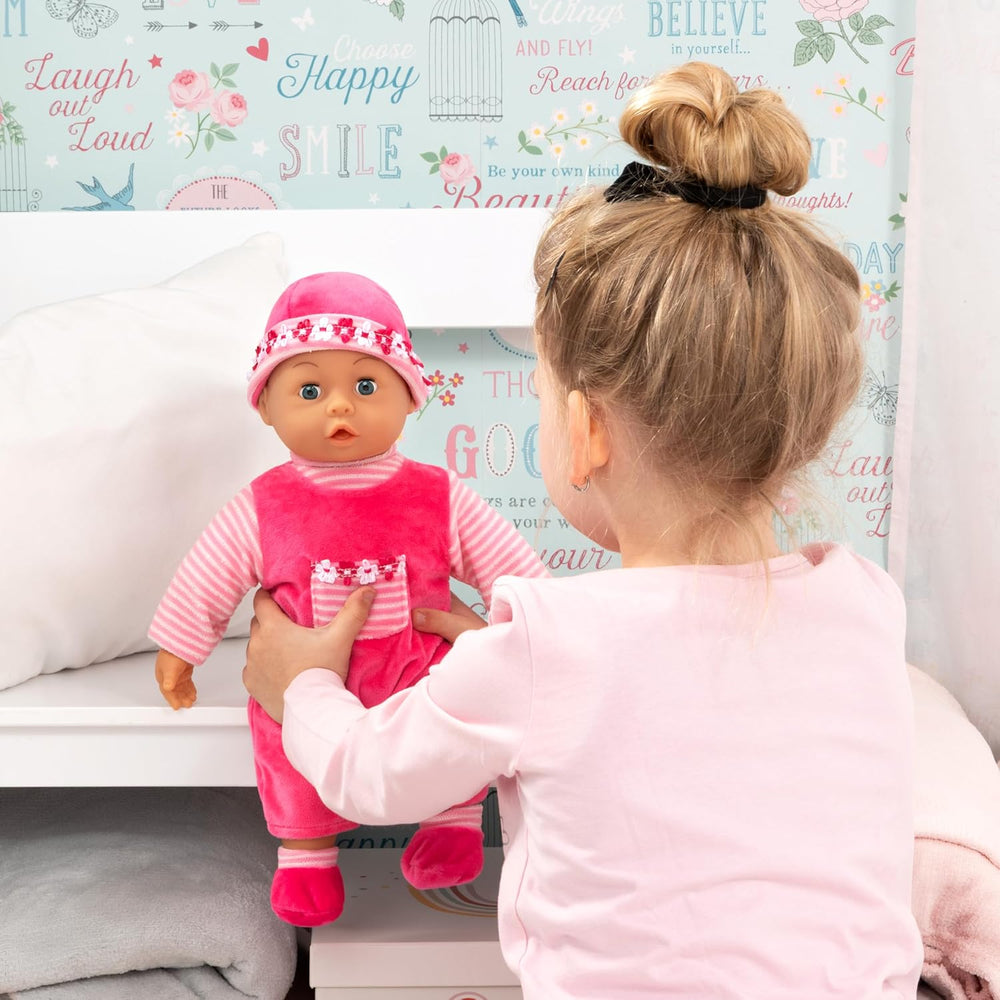 Bayer Design 93800-pink 93825AA Babypuppe First Words, Schlafaugen, spricht 24 Babylaute, weicher Körper, mit Schnuller und Flasche, 38 cm, pink