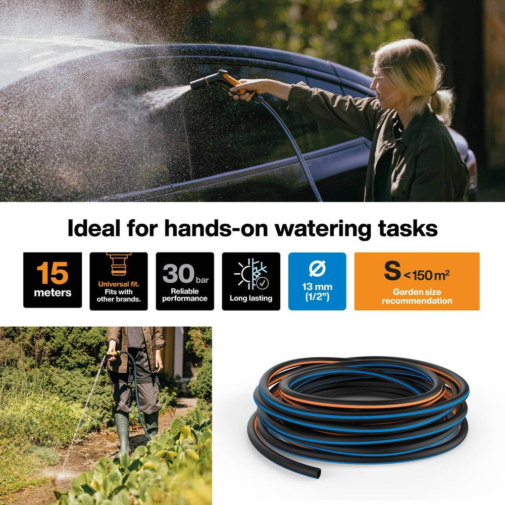 Furtun de grădină Fiskars S, Solid, Furtun de apă pentru udare manuală, 13 mm (1/2"), Lungime: 15 m, Racord universal, Protecție UV, Protecție la îngheț, Rezistent la răsucire, Albastru, 1076049