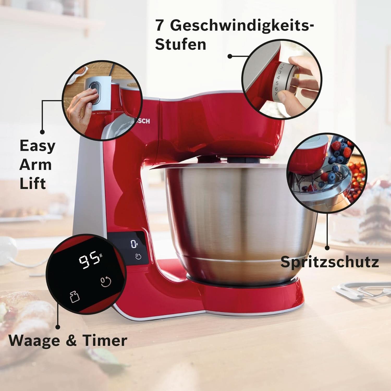 Küchenmaschine Bosch Serie 4 MUM5X720, integrierte Waage, Edelstahlschüssel 3,9 l, Mixer 1,25 l, 1000 W, Zubehör für Lebensmittel und Stillen, Bebe Naty Shop