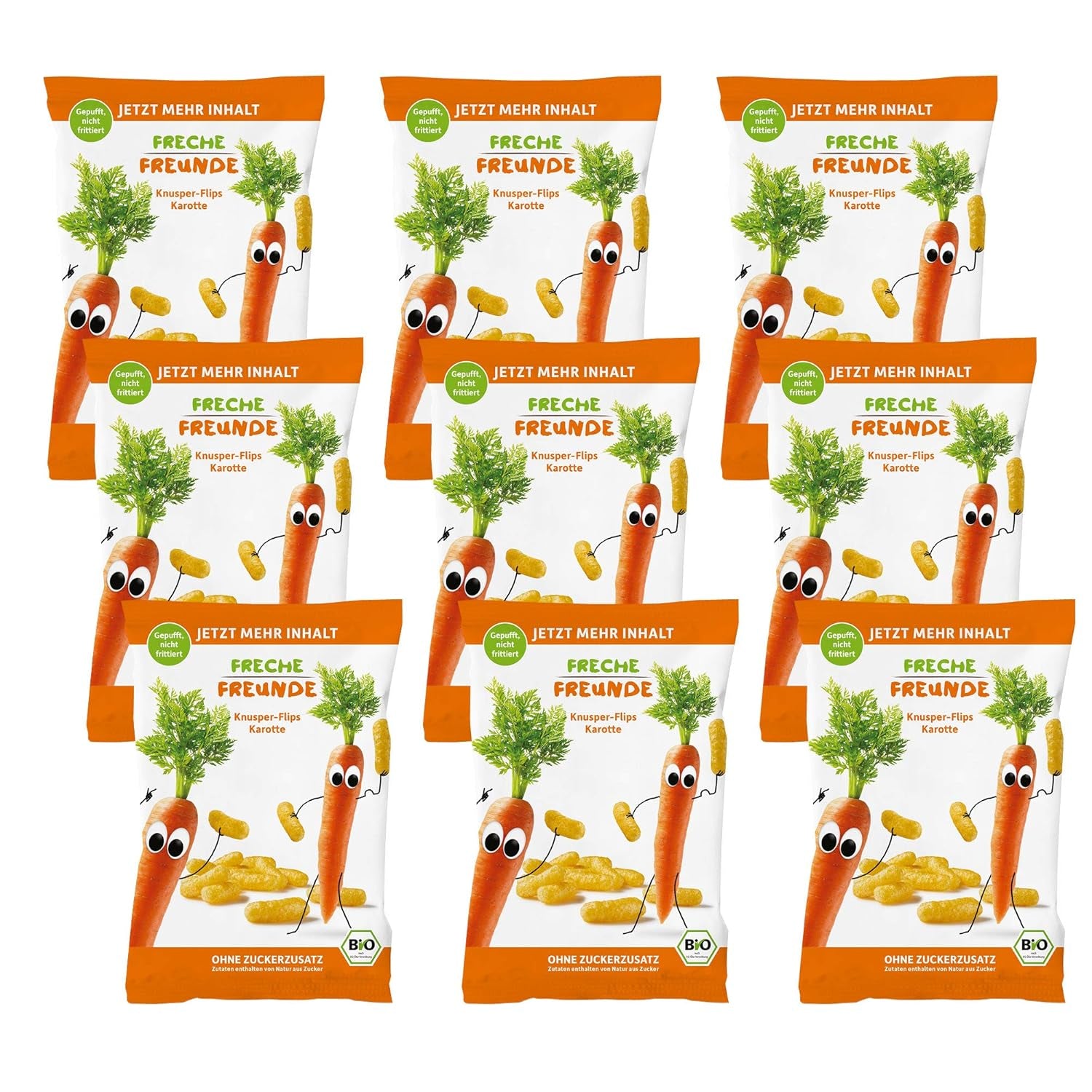 Bio-Fruchtchips „100 % Erdbeere“, gefriergetrocknete Erdbeer-Fruchtchips (12 x 12 g) und neue knusprige Bio-Mais-Karotten-Flips, Bio-Snack, ab 1 Jahr, (9 x 30 g), 270 g