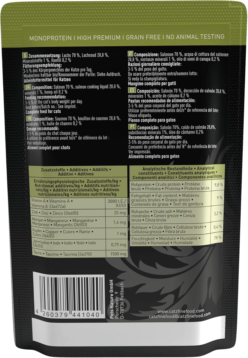 Hrană umedă pentru pisici Catz Finefood Purrrr cu monoproteină și somon nr. 105, pentru pisici cu digestie sensibilă, 16 x 80 g