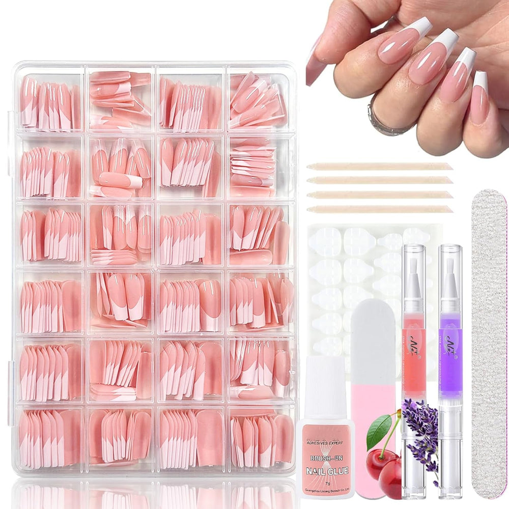 Set 360 de bucăți de unghii false cu balerină în gradient, unghii artificiale cu gradient roz și alb pentru lipire cu 2 bucăți de stilouri cu ulei pentru unghii, unghii false medii ombre pentru femei DIY