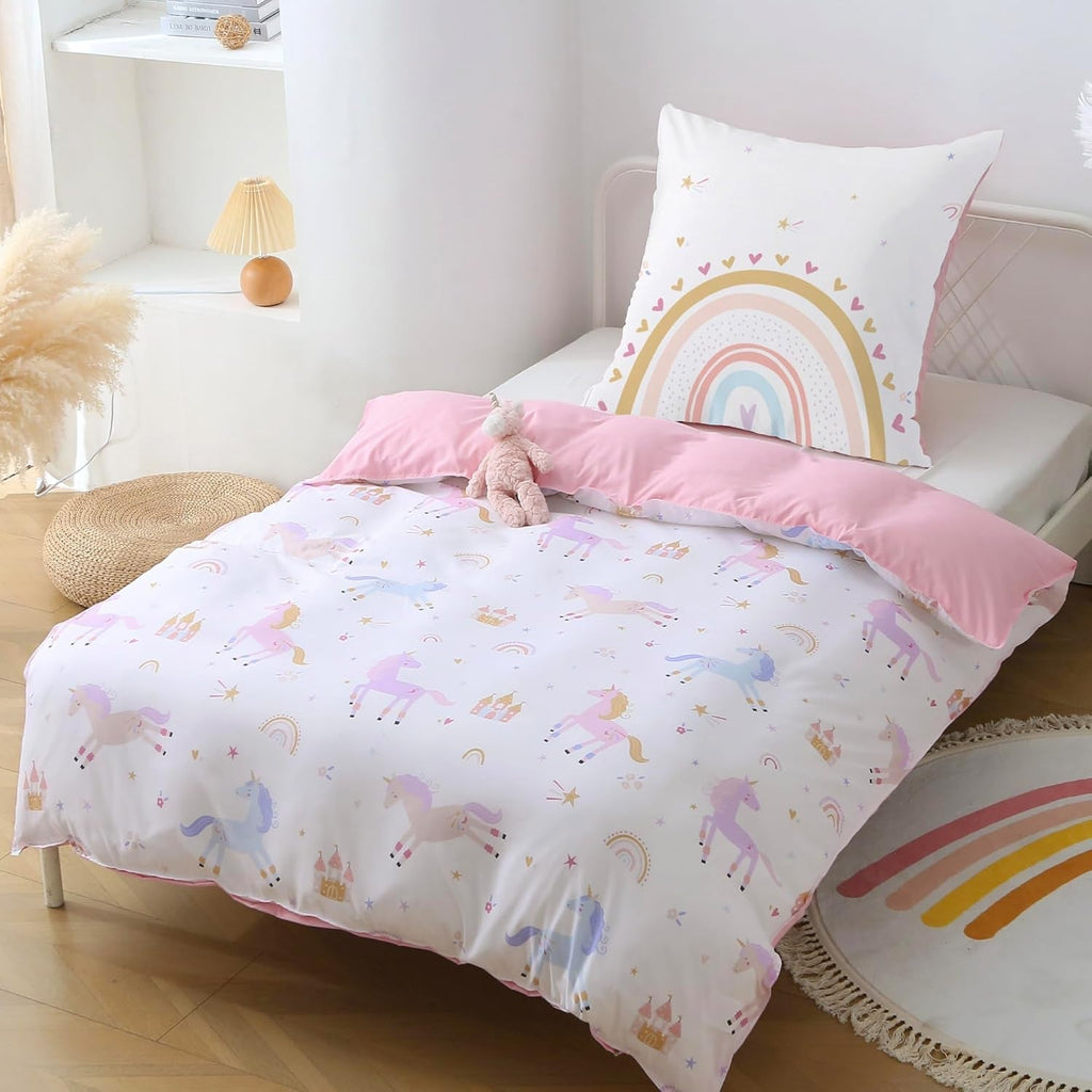 Fekohipy Bettwäsche 135X200 Mädchen Einhorn Kinderbettwäsche Rosa 3D-Druck Mikrofaser Regenbogen Kinder Bettbezug Mit Reißverschluss Und 1 Kissenbezug 80X80Cm 2-Teilige Kinderbettwäsche-Set Naty Shop
