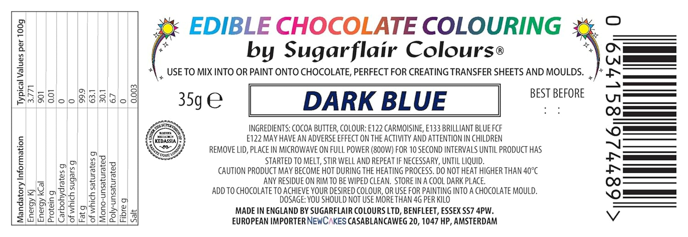 Colorant alimentar Sugarflair Chocolate Colorant alimentar pentru ciocolată, albastru închis - Unt de cacao colorat, Colorant ciocolată pentru colorarea ciocolatei, Praline - 35g