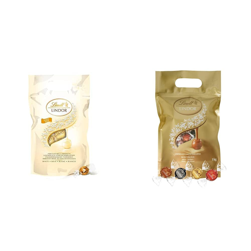 LINDOR weiße Schokoladenkugeln, 1 kg und LINDOR | 1 kg wiederverschließbarer Beutel | ca. 80 Vollmilchschokoladenkugeln mit Minzfüllung | Großpackung, Pralinengeschenk, Schokoladengeschenk