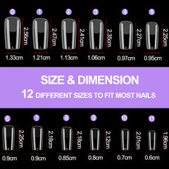 Unghii false cu acoperire completă, pachet de 504, 12 mărimi, unghii false cu lipici de unghii, unghii artificiale acrilice cu cutie de depozitare pentru saloane de unghii și artă unghii DIY acasă (pătrat)