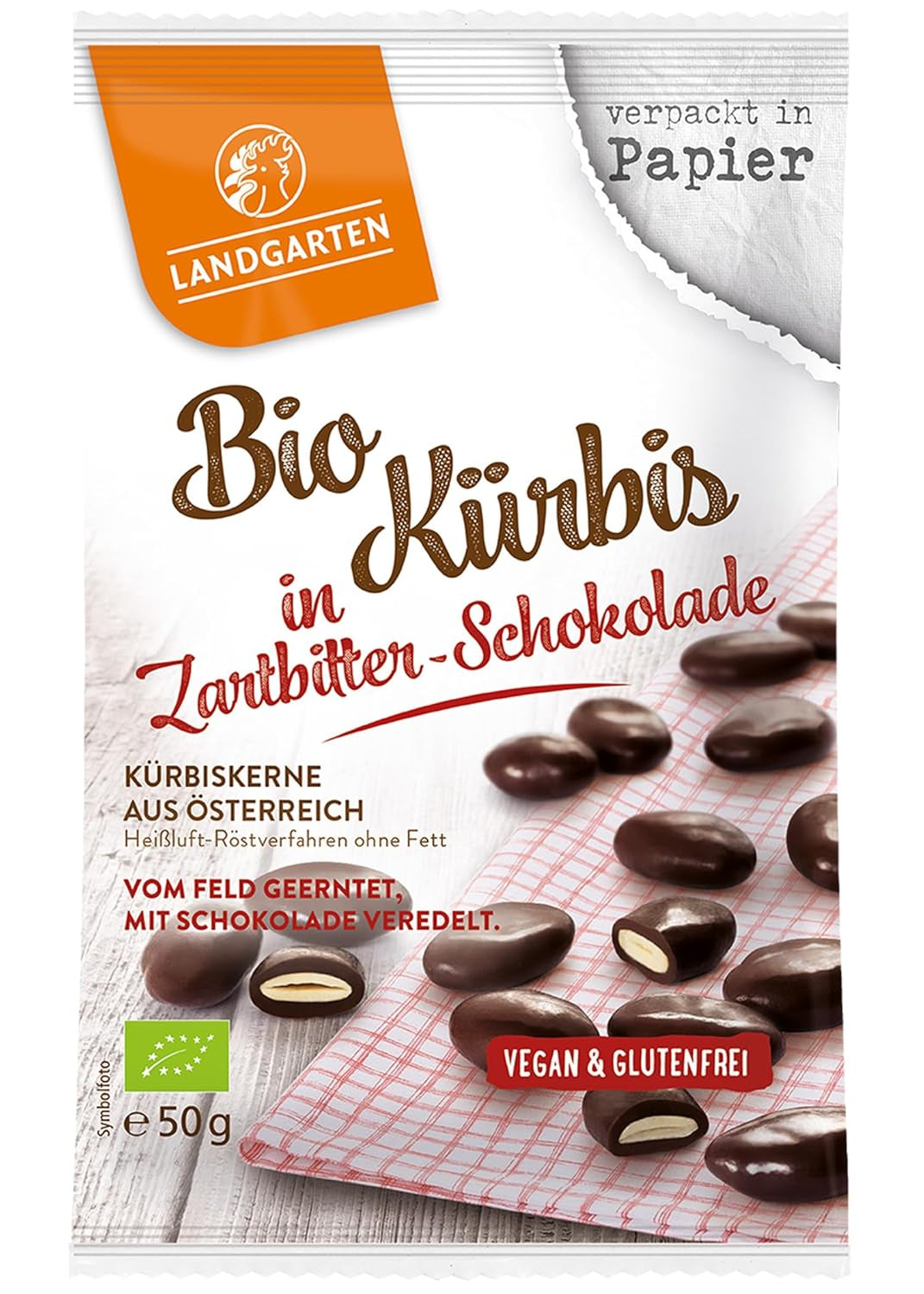 Landgarten Bio-Kürbiskerne in dunkler Schokolade – Veganer gerösteter Kürbiskern-Schokoladensnack – Magnesiumquelle – 1 x 50 g