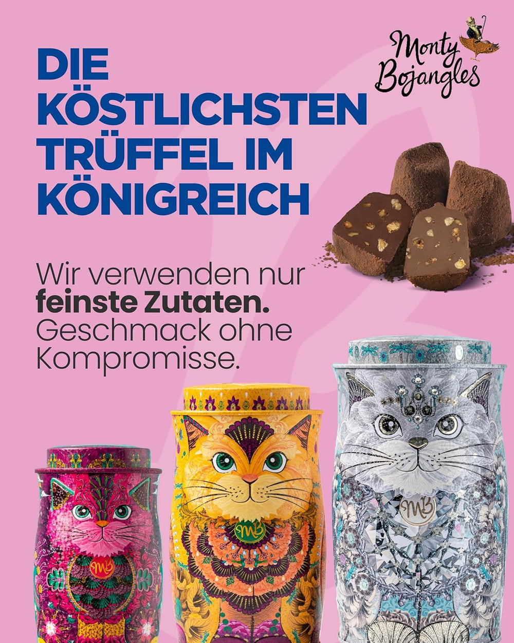Monty Bojangles Savanna Gold Schokoladentrüffel (135 g), Kakaopulver-Pralinen-Geschenkset in einer individuellen Sammlerbox im Katzendesign, Flutter Scotch-Geschmack