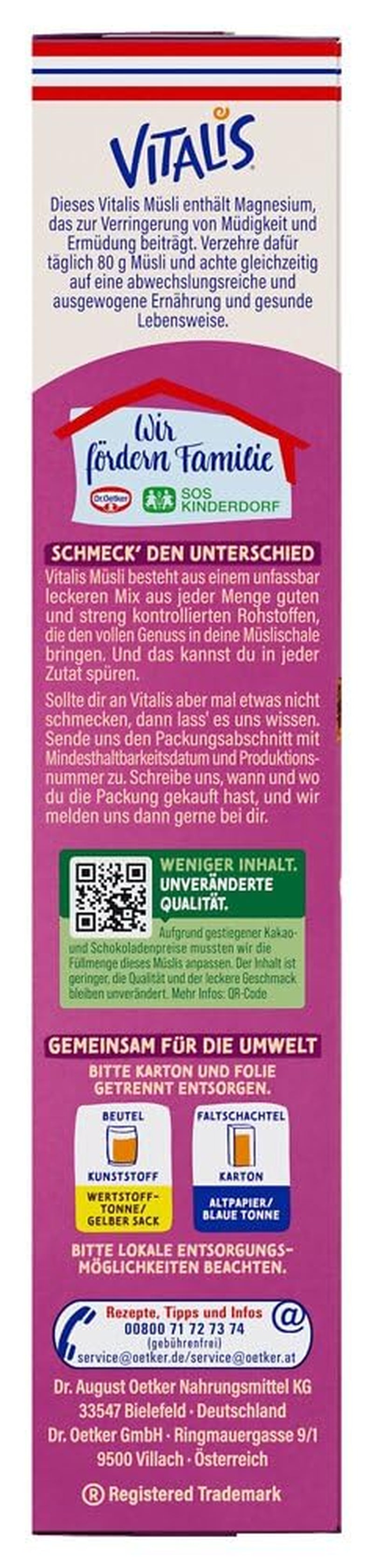 Dr. Oetker Vitalis Zartbitter-Schoko-Müsli: Zartbitter-Schoko-Frühstücksmüsli, 6er-Pack (6 x 600 g)