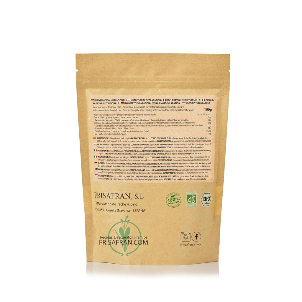 FRISAFRAN | Ceai Matcha organic 50G | Ceai organic pudră | 100% natural | Ceai verde Matcha organic pudră | Calitate ceremonială | Cultivat în Japonia | Detox vegan | Băuturi smoothie | Multivitamine | Detoxifiere