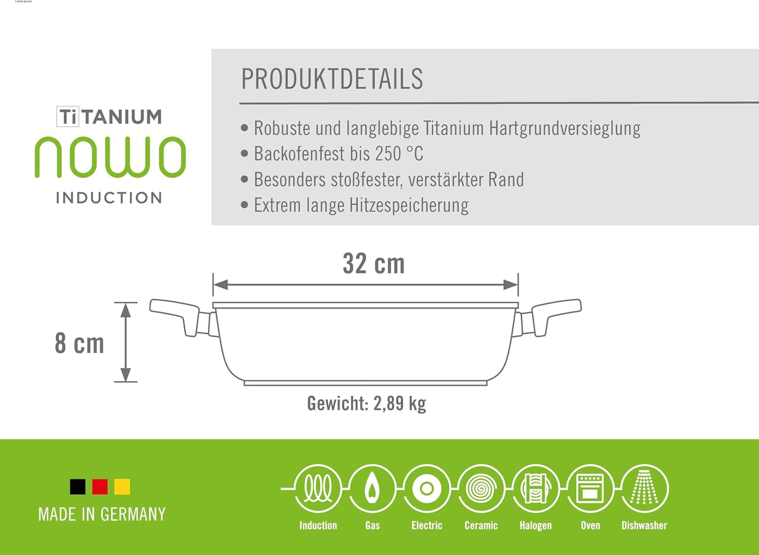Woll Nowo Titanium Kasserole - Induktiv -, Ø 32 cm, 8 cm hoch, 5,5 Liter, mit 2 Seitengriffen - geeignet für alle Herdarten Formen und Tabletts zum Backen Naty Shop