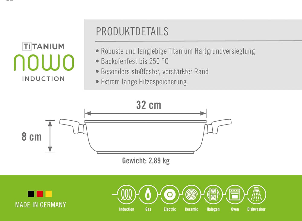 Woll Nowo Titanium Kasserole - Induktiv -, Ø 32 cm, 8 cm hoch, 5,5 Liter, mit 2 Seitengriffen - geeignet für alle Herdarten Formen und Tabletts zum Backen Naty Shop