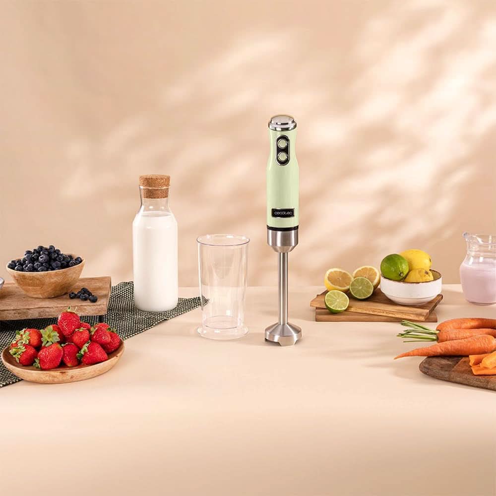 Cecotec Stabmixer Power Retrogreen 1200MAX Cream&Crush, Maximalleistung 1200 W, Crossblades-Technologie, 2 Geschwindigkeiten, Zubehörset Spülmaschinenfest, Spritzschutzhaube Kitchen Naty Shop