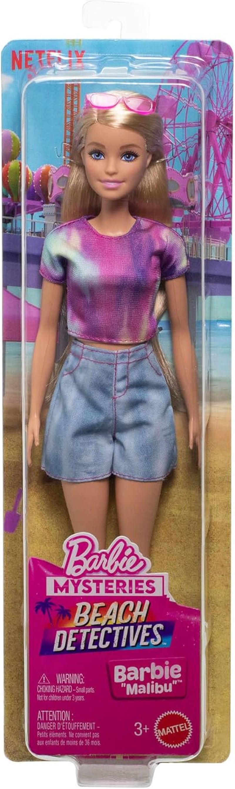 Păpușă Barbie Mysteries: Detectivii de pe plajă Malibu cu ținută și accesorii caracteristice, inclusiv ochelari de soare, JFV63