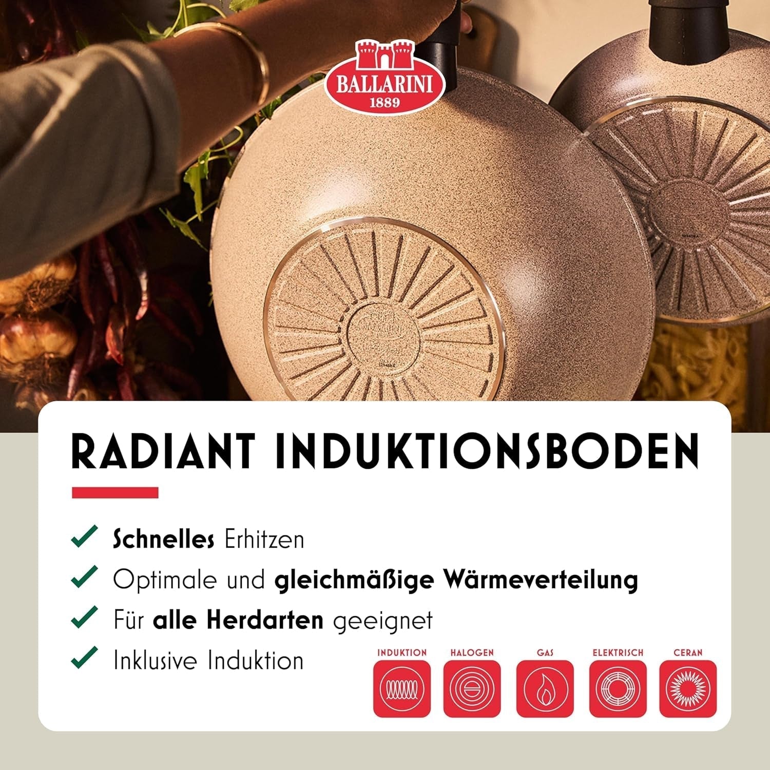 Ledro Bratpfanne, 24 cm, Aluminium, induktionsgeeignet, Antihaft-Keramikbeschichtung, Thermopoint, Made in Italy, beige Töpfe und Pfannen Naty Shop