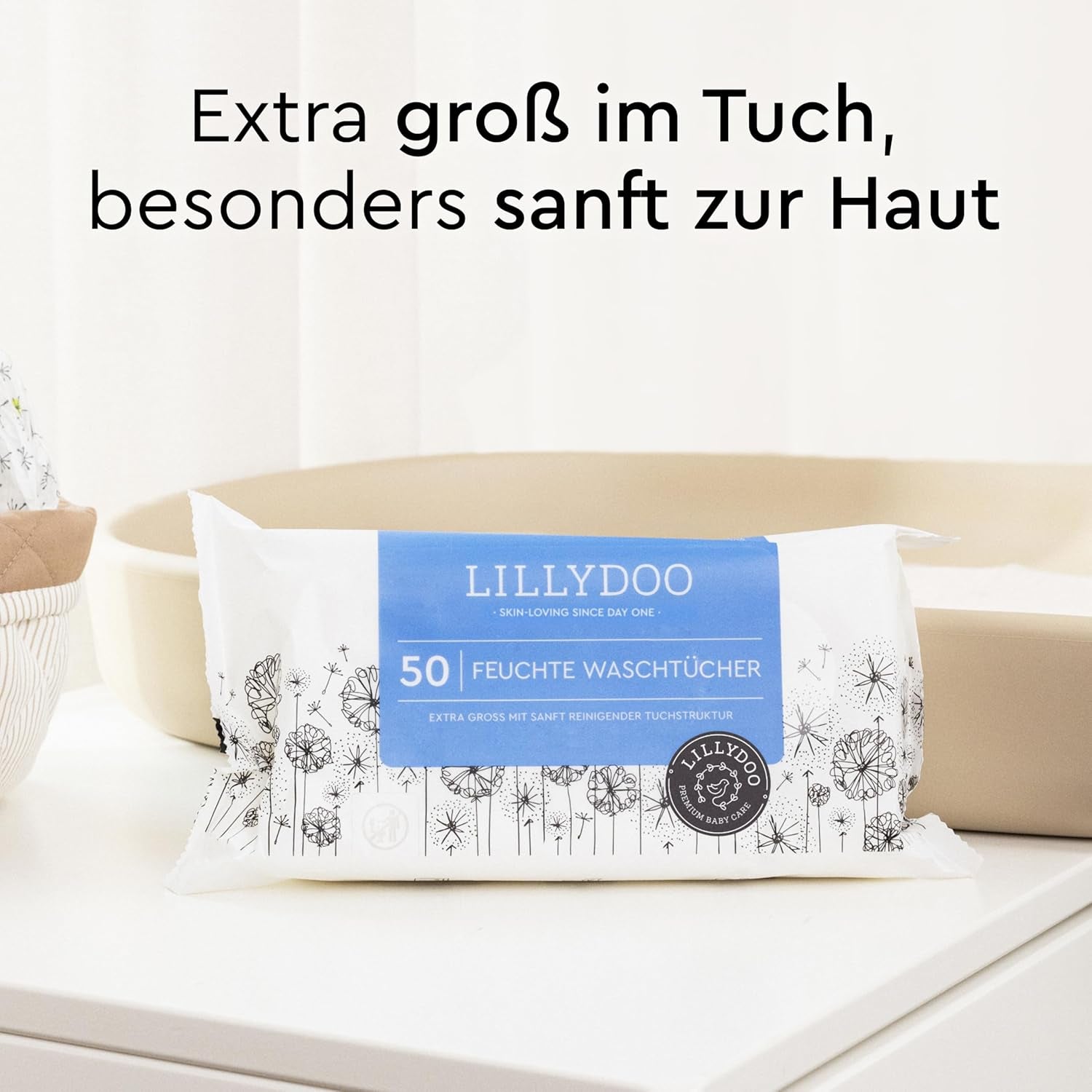 LILLYDOO Feuchttücher, 50 Stück, 100 % plastikfrei, extragroß, geruchsneutral