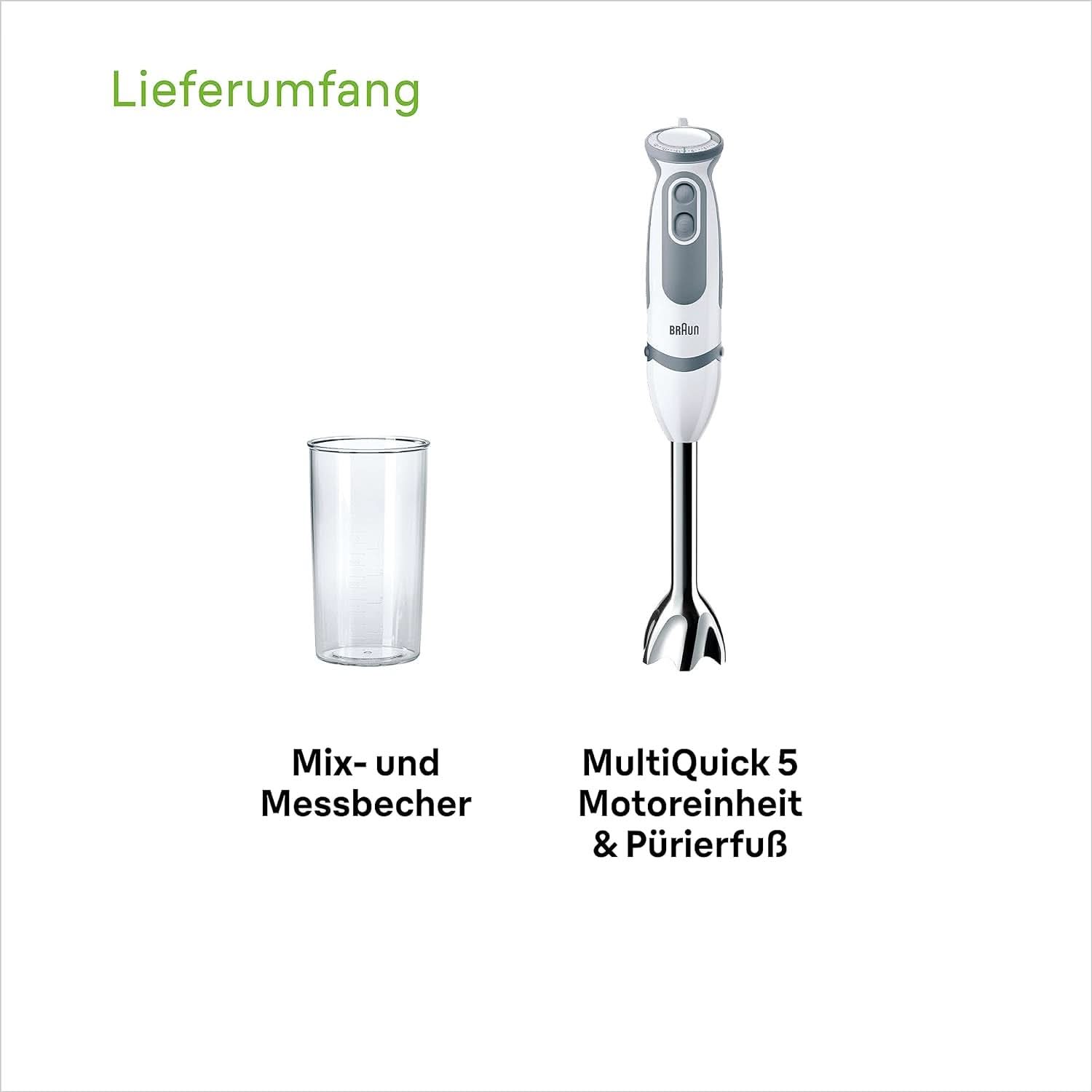 Braun Stabmixer MQ 5200WH - Multiquick 5 Vario Pürierstab Mit Edelstahl Mixfuß, 1000 Watt, Inkl. 600 ml Mix- & Messbecher, Weiß/Grau Kitchen Naty Shop