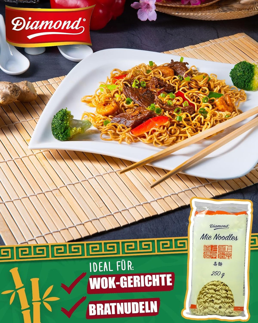 DIAMOND Mie Noodles, Weizennudeln ohne Ei, schnell und einfach zubereitet, vegetarisch – 8 x 250 g