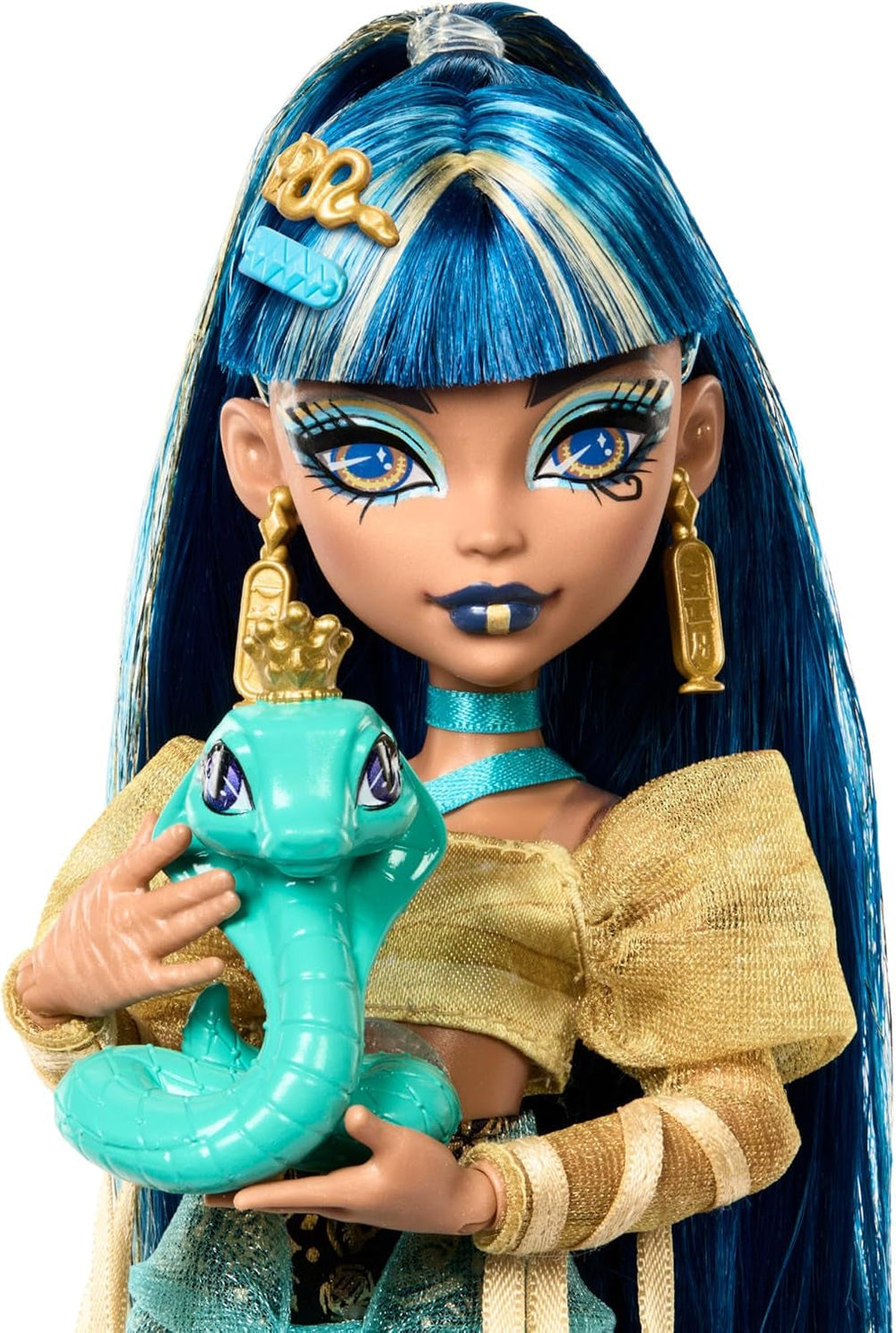 Păpușă Monster High Cleo De Nile în bluză aurie și fustă stratificată, include animal de companie Cobra Hissette și accesorii precum rucsac, gustare și rolă de hârtie, HXH74 Papusi Naty Shop