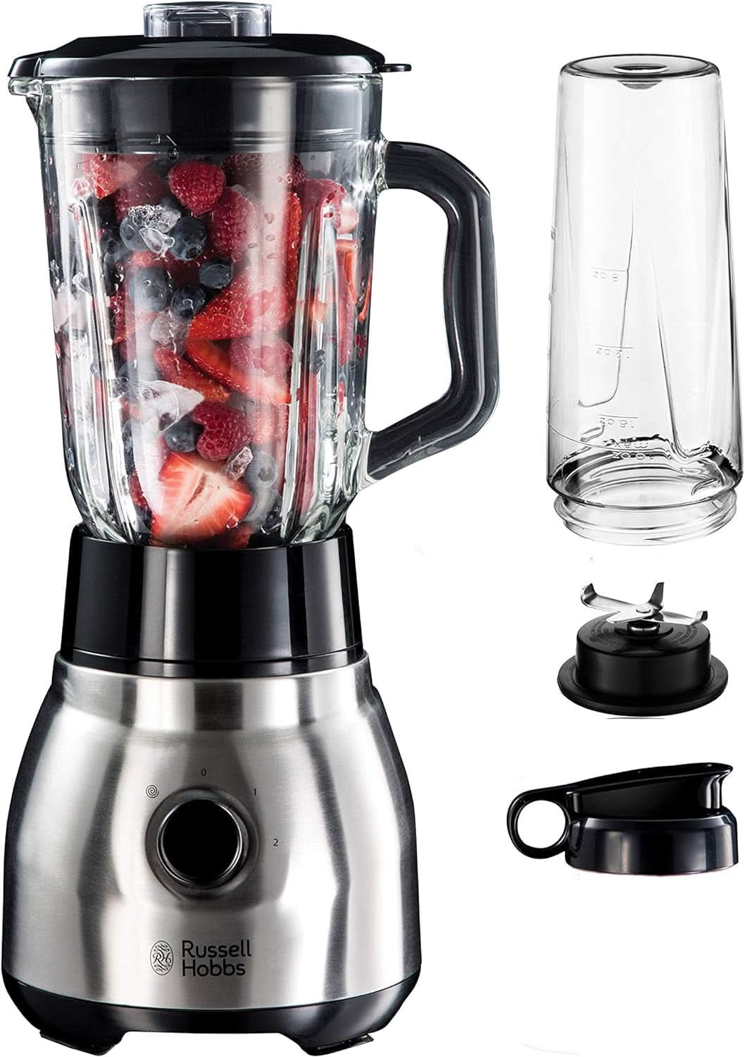 Russell Hobbs Standmixer 2-in-1 [1,5L Glasbehälter Mixer & 0,6L Mini Smoothie Maker -To-Go-Trinkflasche inkl. Deckel] Spülmaschinenfest, Impuls-/Ice-Crush-Funktion, Becher BPA Frei, Edelstahl 23821-56 Kitchen Naty Shop Standmixer 2-In-1