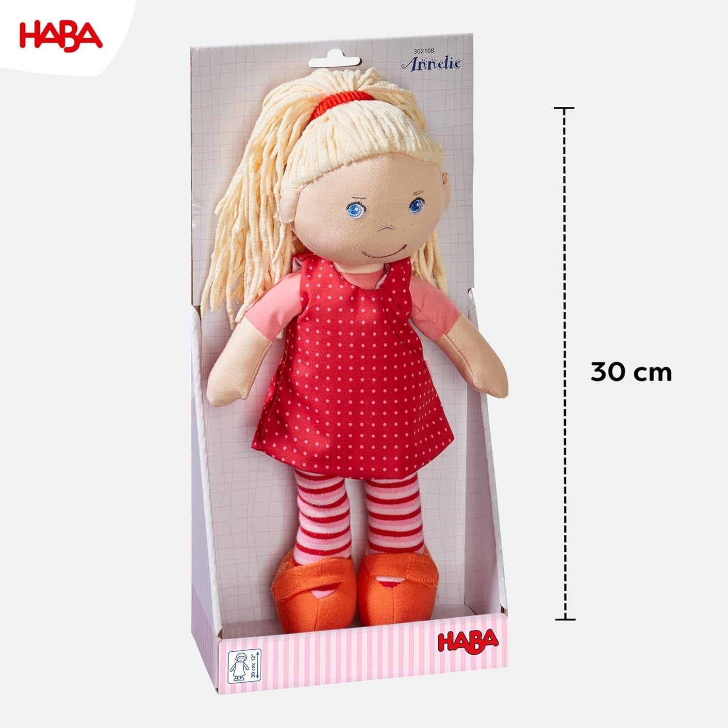 Păpușa moale HABA Annelie – Păpușă moale cu păr aranjat – Cu haine interschimbabile – De la 18 luni – 30 cm – Lavabilă – 1302108001