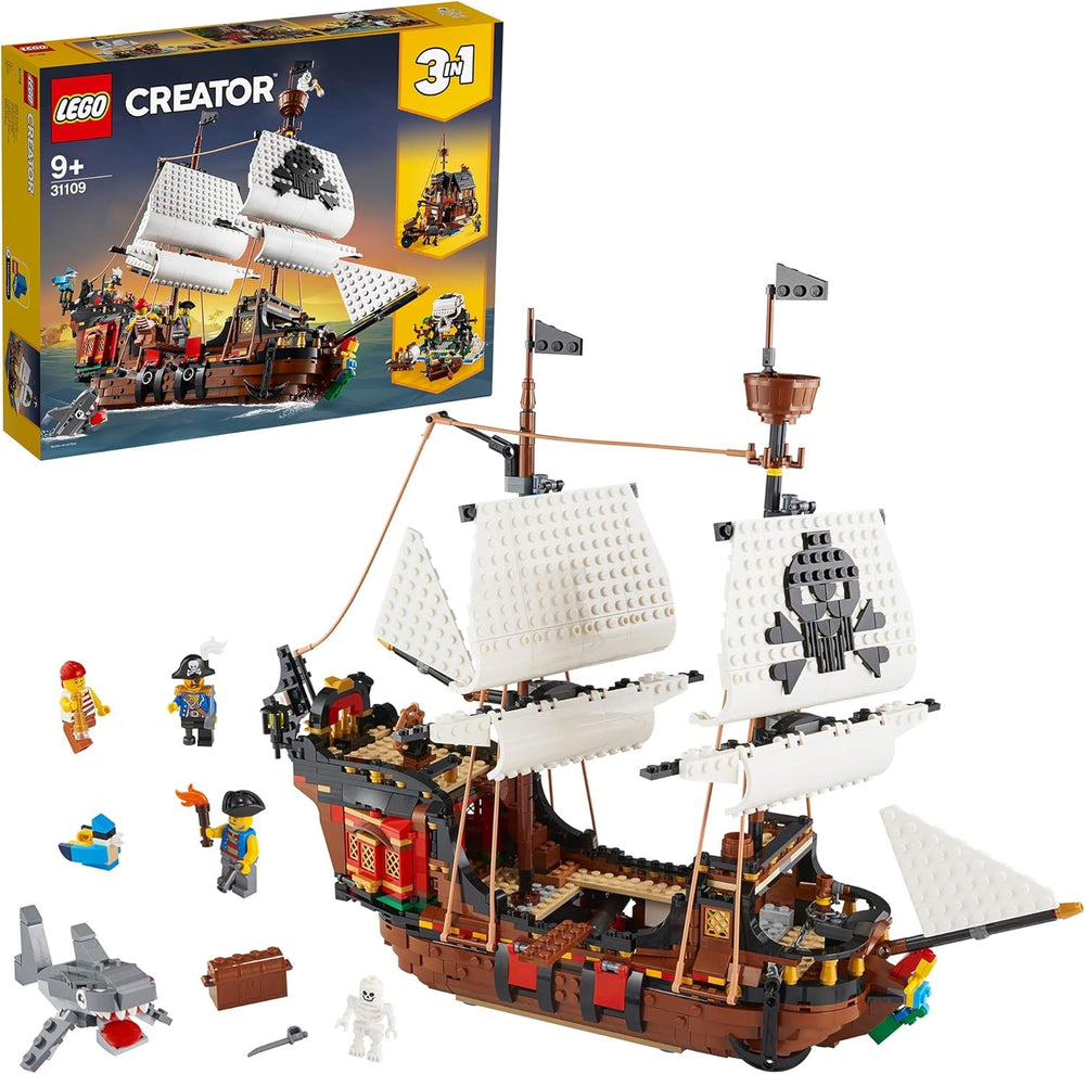 LEGO Creator 3-in-1-Piratenschiff-Set, Spielzeug mit 3 Bauoptionen, Baue eine Piraten-Taverne oder eine Totenkopf-Pirateninsel, enthält 3 Minifiguren für Rollenspiel-Abenteuer 31109 Bausets Besuchen Sie den LEGO-Store in der Standardverpackung