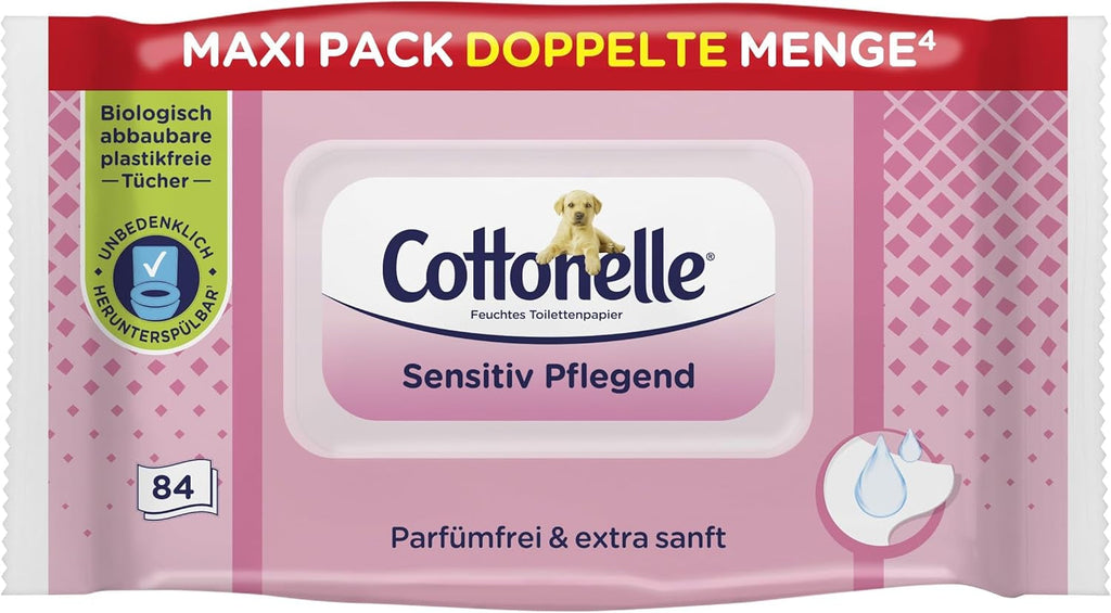 Hârtie igienică umedă, Sensitive Care - fără parfum, biodegradabilă, fără plastic, resigilabilă, 1 X 84 șervețele umede (pachet unic)