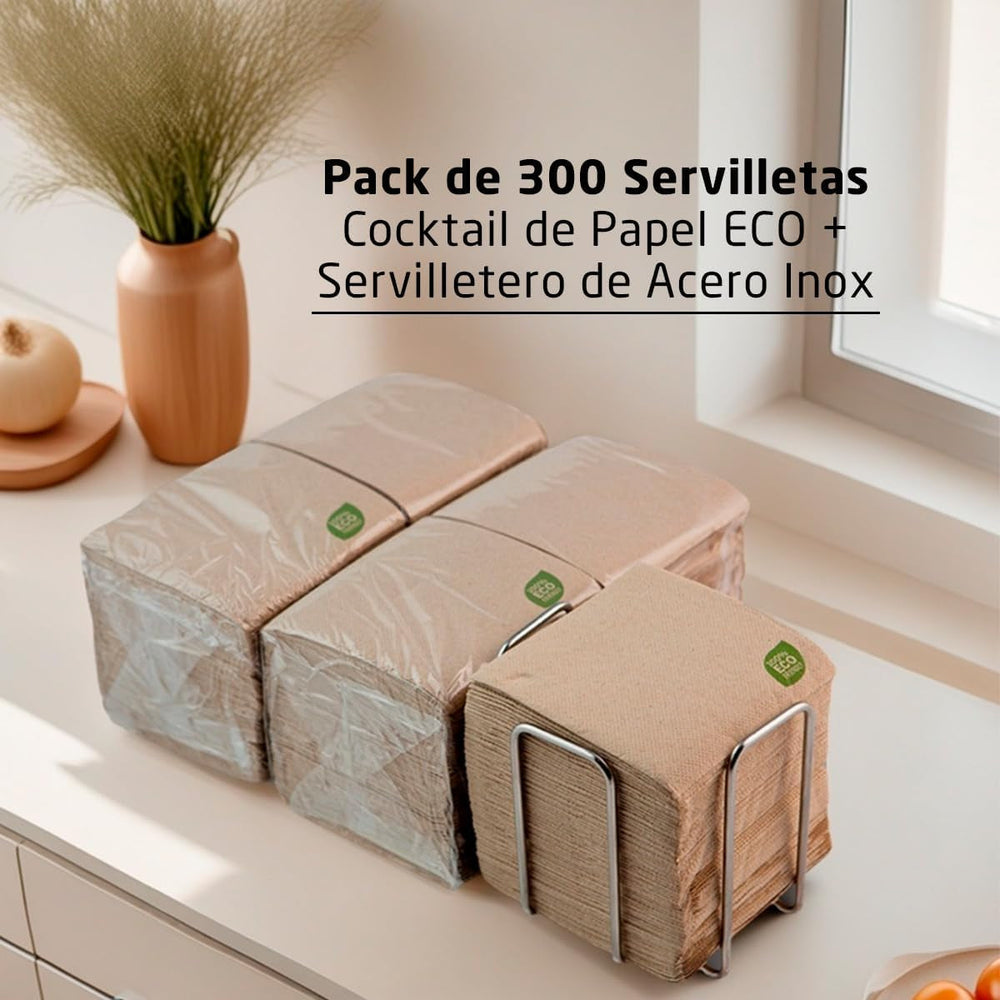 Pachet de 300 de șervețele de hârtie pentru cocktail, 100% reciclabile și biodegradabile, suport pentru șervețele de masă din oțel inoxidabil, șervețele ecologice, 10 X 10 cm, pliate.