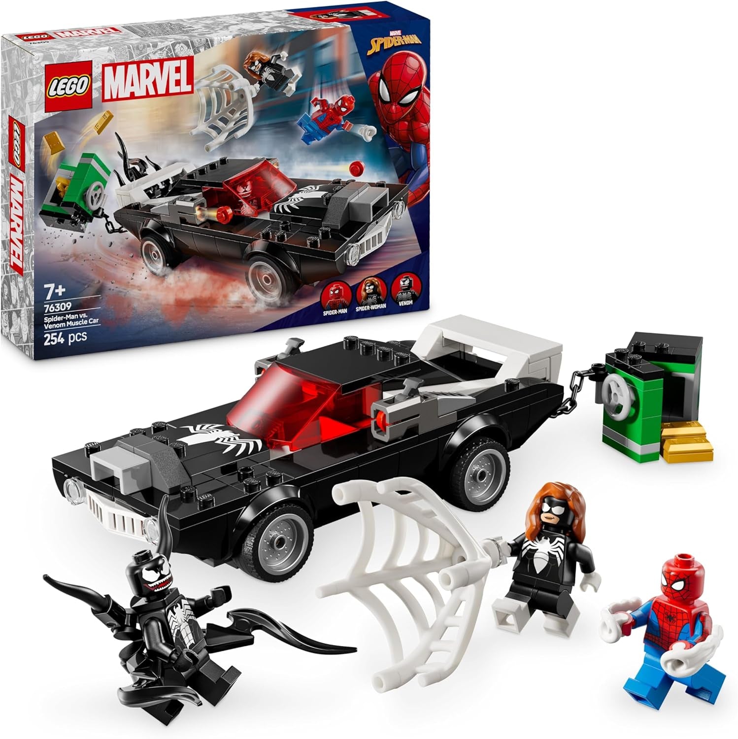 LEGO | Marvel Spider-Man Mech Vs. Venom Muscle Car – Auto Spielzeug mit 3 Superhelden Minifiguren – Modellauto mit Shootern – Geschenk für Jungen und Mädchen ab 7 Jahren 76309