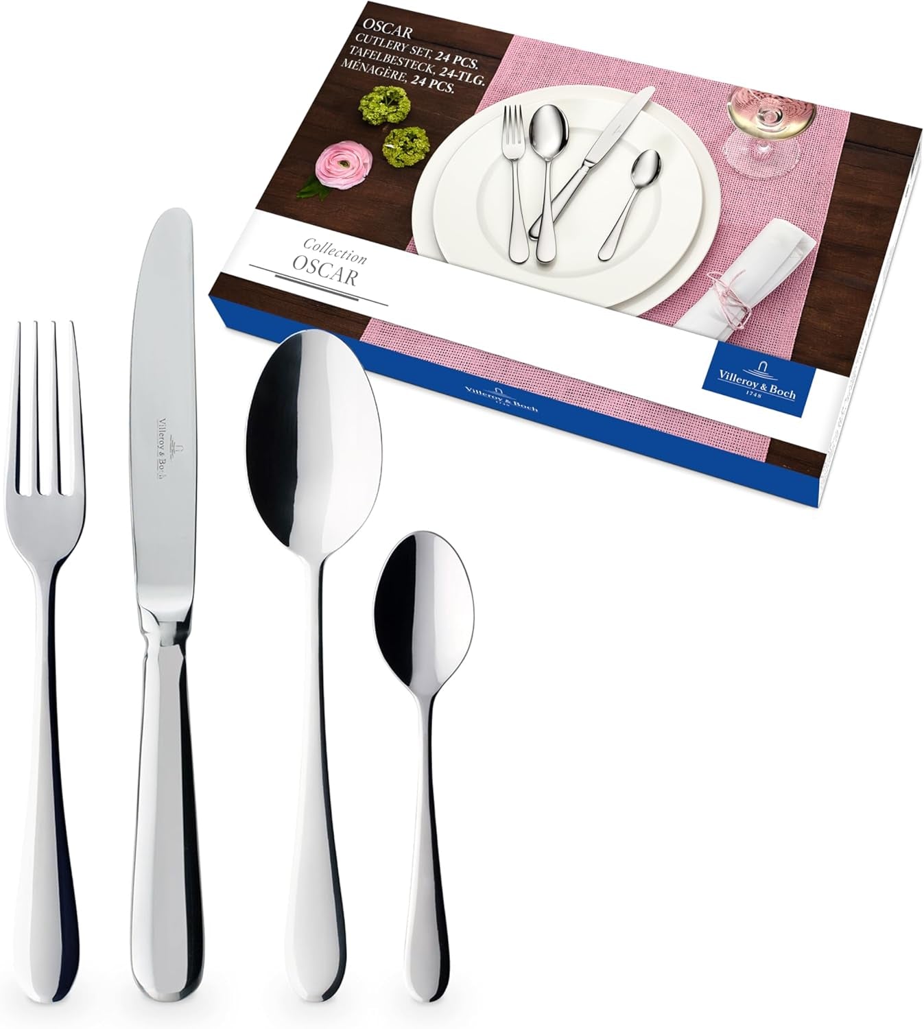 Villeroy & Boch – Oscar Tafelbesteck 24 Teilig 6 Personen, Spülmaschinenfest, Rostfrei, Besteck Set, Essbesteck, Messer Gabel Löffel Set, Cutlery Set, Besteckset Edelstahl, Edelstahl Bucatarie Naty Shop Single 24-Teilig