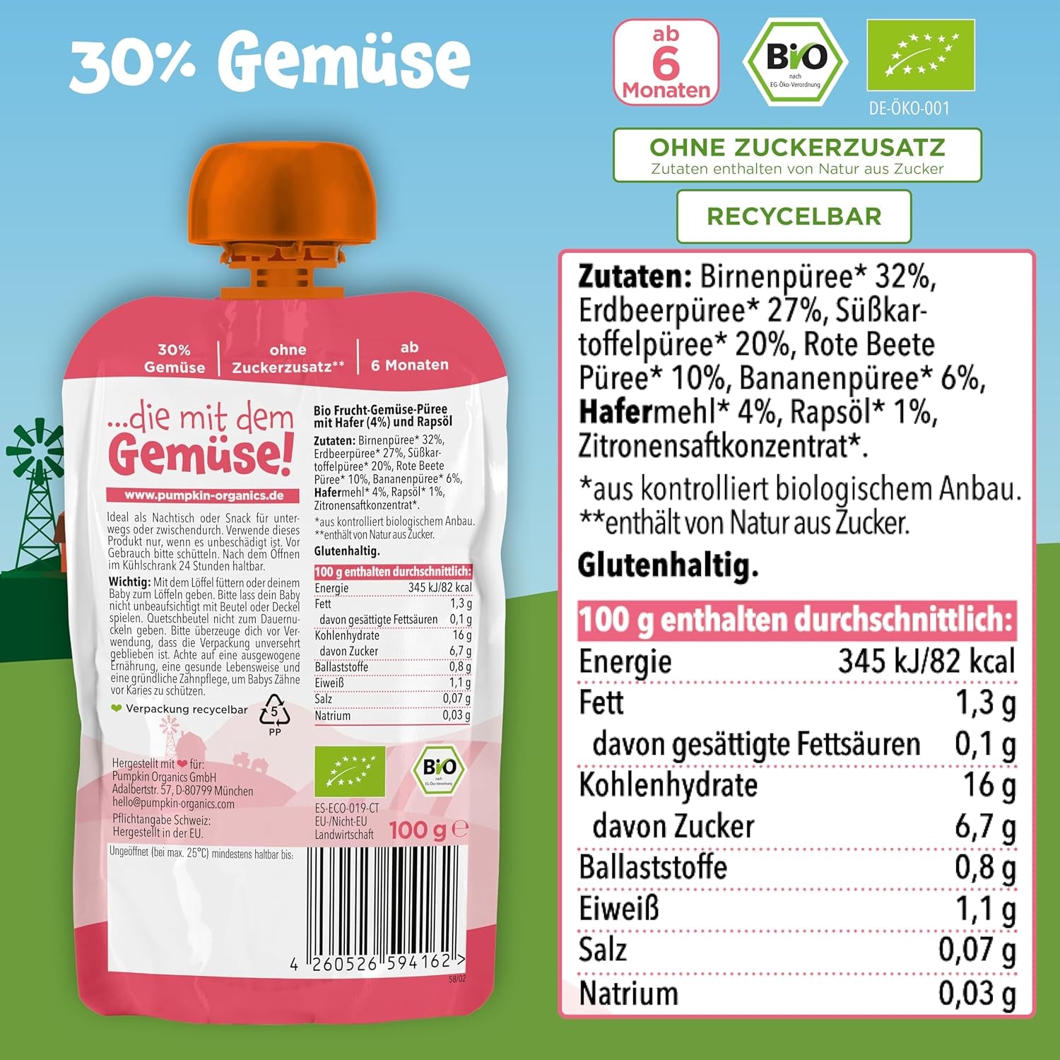 Pumpkin Organics Beutel mit Bio-Gemüse und Getreide, 8er-Pack: Birne, Erdbeeren, Süßkartoffeln, Rote Bete, Banane, Hafer – Ohne Zuckerzusatz¹ – Ab 6 Monaten – als Snack oder Ergänzungsnahrung in der Packung (8 x 100 g)