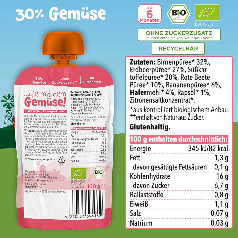 Pumpkin Organics Beutel mit Bio-Gemüse und Getreide, 8er-Pack: Birne, Erdbeeren, Süßkartoffeln, Rote Bete, Banane, Hafer – Ohne Zuckerzusatz¹ – Ab 6 Monaten – als Snack oder Ergänzungsnahrung in der Packung (8 x 100 g)