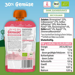 Pumpkin Organics Beutel mit Bio-Gemüse und Getreide, 8er-Pack: Birne, Erdbeeren, Süßkartoffeln, Rote Bete, Banane, Hafer – Ohne Zuckerzusatz¹ – Ab 6 Monaten – als Snack oder Ergänzungsnahrung in der Packung (8 x 100 g)