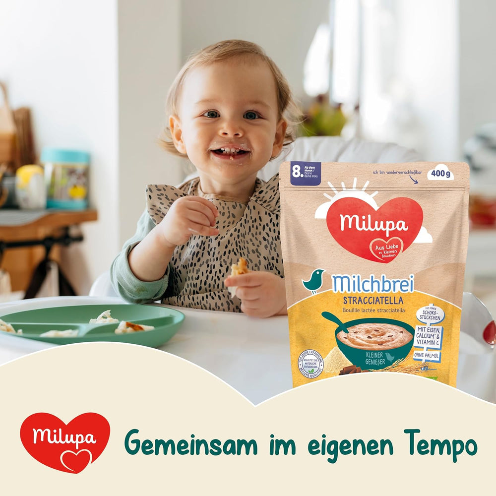 Milupa Stracciatella Milchbrei – Glutenfreies, palmölfreies Babymüsli – Frei von Konservierungs- und Farbstoffen – Ab 8 Monaten – 4 x 400 g