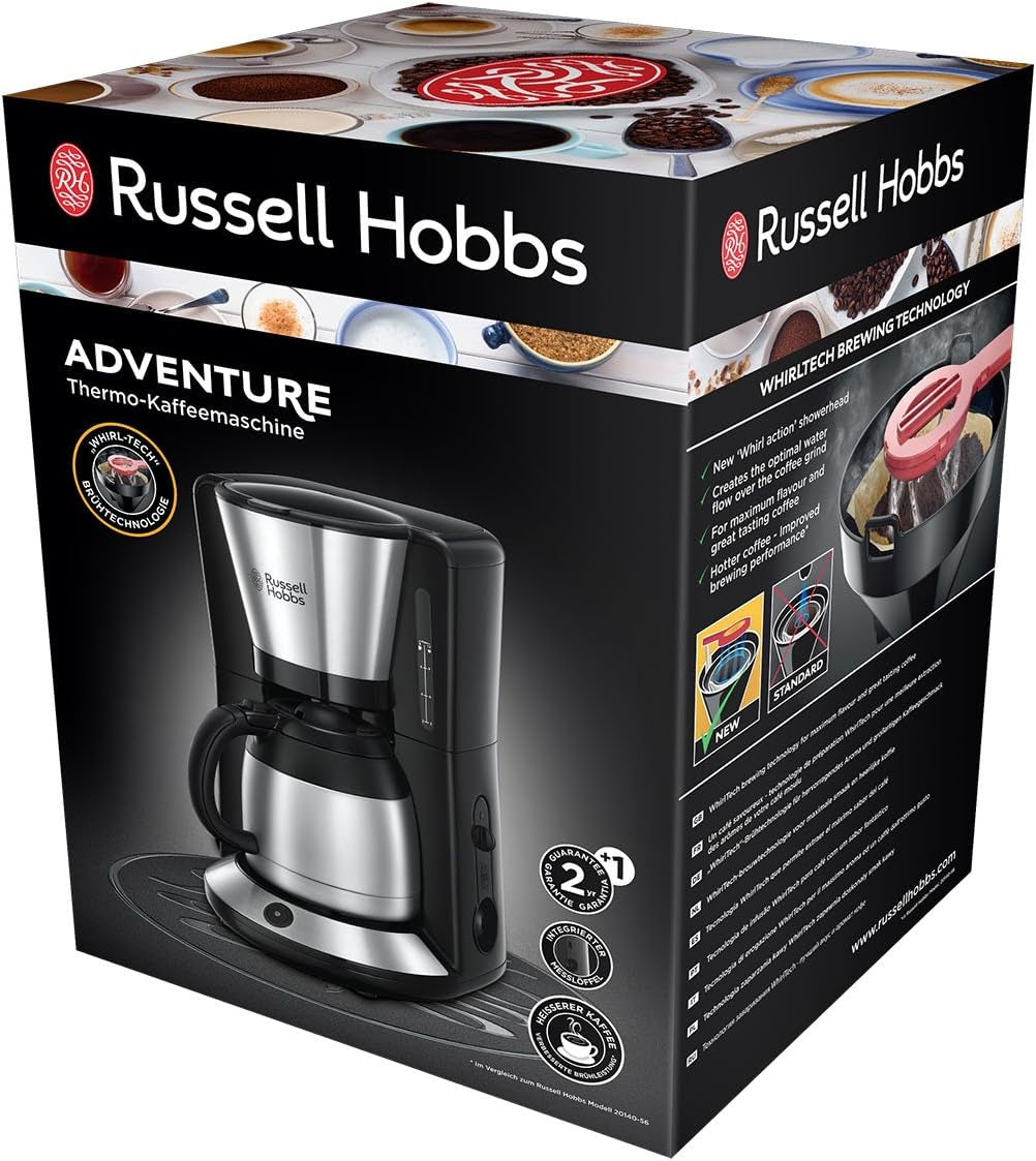 Cafetieră Russell Hobbs [Cap de duș pentru extracție și aromă optime] Adventure (1 până la 8 cești, carafă termică de 1,0 l, oprire automată, sistem anti-picurare, 1100 W) Cafetieră cu filtru 24020-56