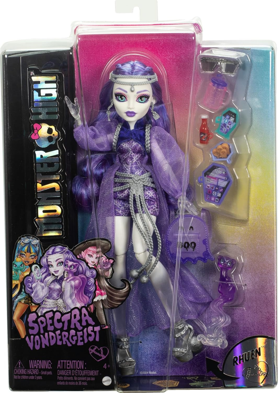 Monster High Spectra Vondergeist-Puppe mit Rhuen-Frettchen und Zubehör wie Rucksack, Tablet, Snacks und mehr, HXH77 Naty Shop Dolls