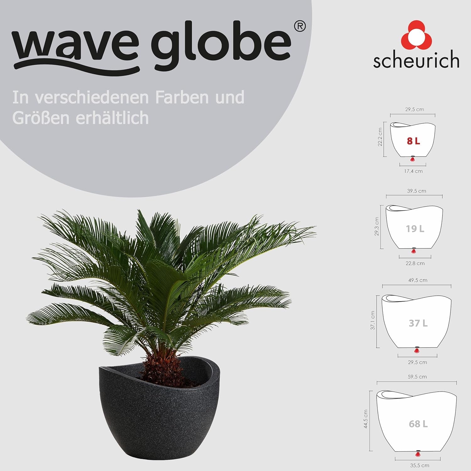Ghiveci Scheurich Wave Globe, din plastic, granit negru, diametru 30 cm, înălțime 22 cm, volum 19 l.