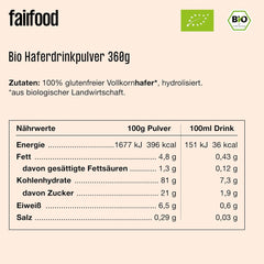 fairfood Bio Haferdrink Pulver 360g - nachhaltige Milchalternative - vegan, glutenfrei und ohne Öl - bis zu 4L Haferdrink - zum Selbermischen - 100% Bio-Vollkornhafer