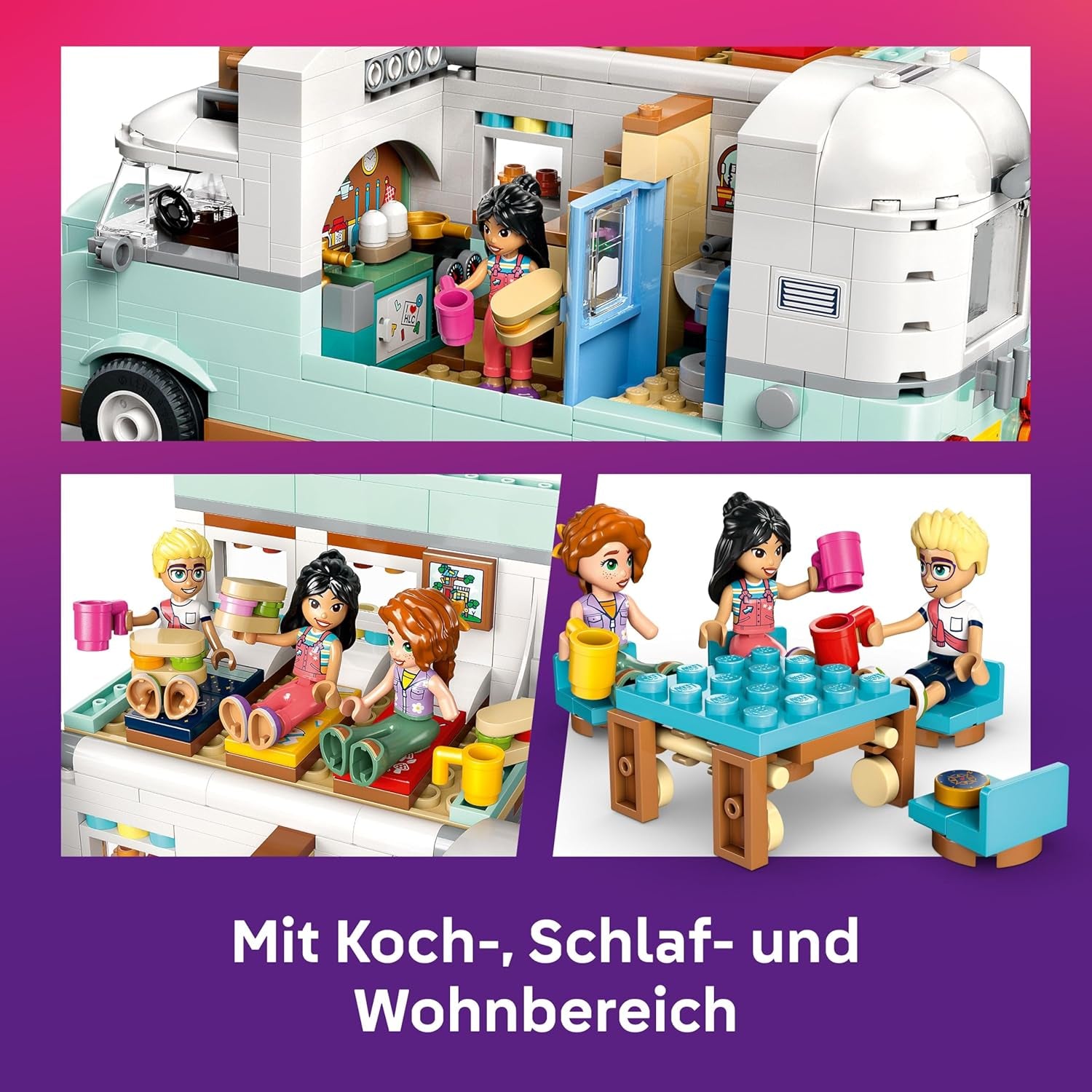 LEGO Friends Wohnmobil, Bauset für Rollenspiele mit einem Spielzeug Wohnwagen, Geschenk für Mädchen ab 7 Jahren, kreatives Spielset mit 3 Minifiguren und Ferretchen Tierfigur 42663