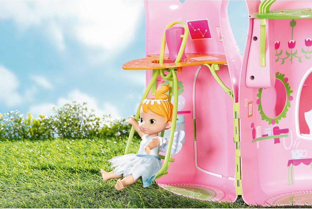 BABY Born Storybook Cottage, Casă de păpuși pliabilă pentru păpuși de 18 cm cu masă, șemineu, șezlong și telescop, roz verde, 833803 Zapf Creation Casute de papusi Naty Shop