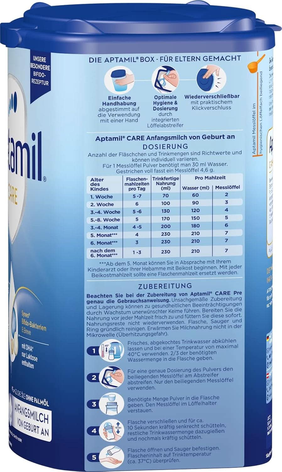 Aptamil Care PRE - Anfangsmilch von Geburt an, mit DHA, nur Laktose, ohne Palmöl, Babynahrung, Milchpulver, 1x 800 g Mutter und Kind Naty Shop