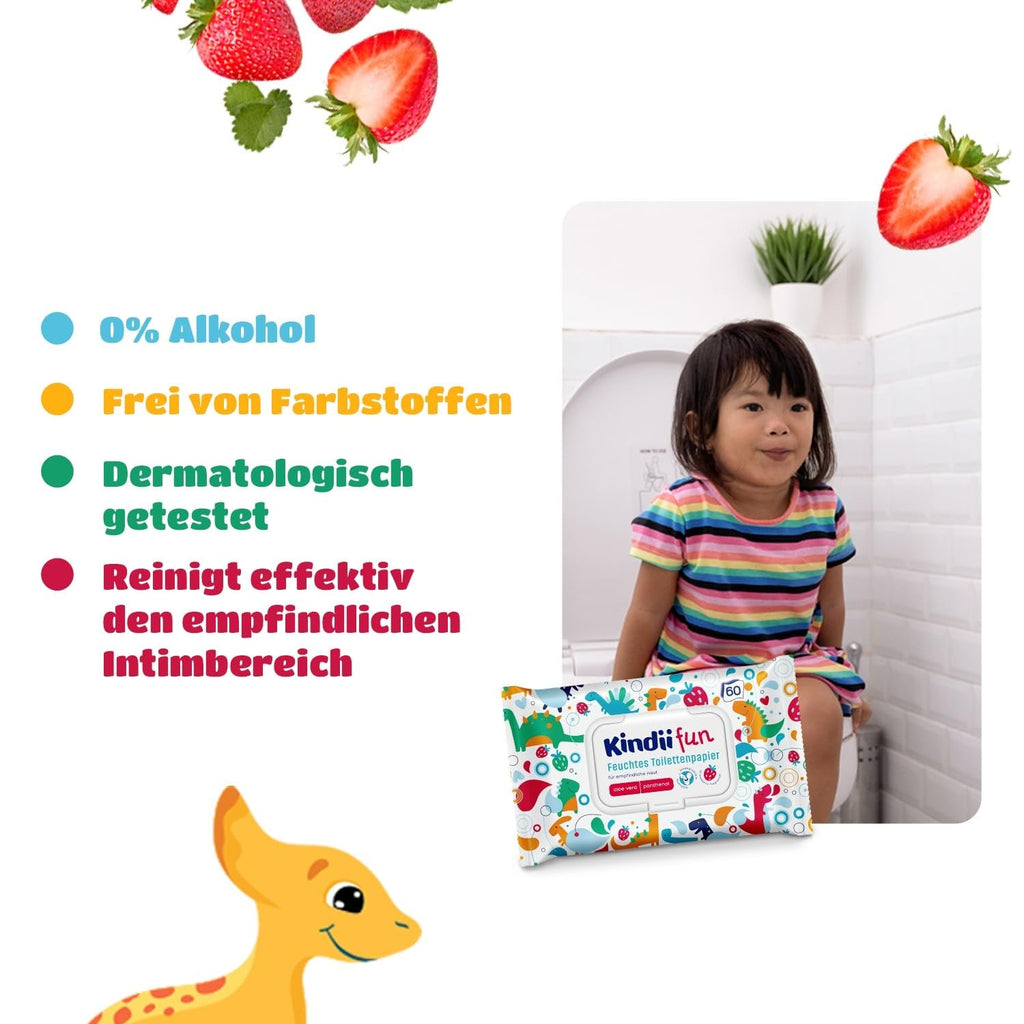 Hârtie igienică umedă Kindii Fun - (10X60 bucăți) Hârtie igienică umedă - Mușețel, Aloe Vera, Ph-Neutru, Vărsabilă, Reîmprospătează zona intimă - 600 bucăți