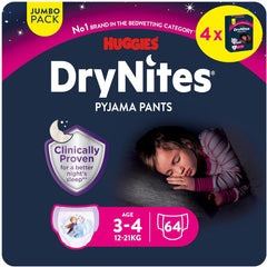 Huggies DryNites Super saugfähige Nachtwindeln für Mädchen von 3–4 Jahren (12–21 kg), 4 x 16 Stück (insgesamt 64 Stück), monatliche Höschenpackung