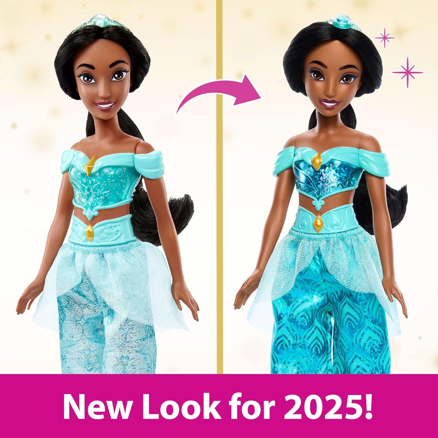 Jucărie Mattel Disney Princess, Păpușă la modă articulată Jasmine cu haine și accesorii strălucitoare, inspirată din filmul Disney, cadou pentru copii, HLW12